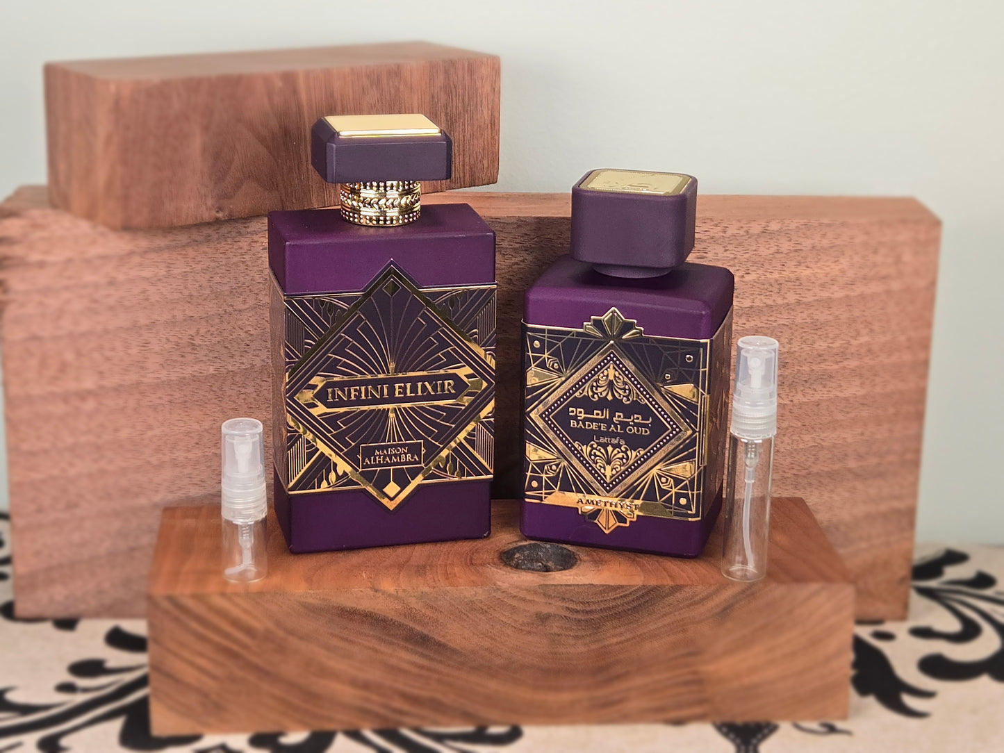 Combination of Spices, Roses and Oud - Maison Alhambra Infini Elixir and Lattafa Bade'e Al Oud Amethyst - Perfume Sample 5ml/2ml