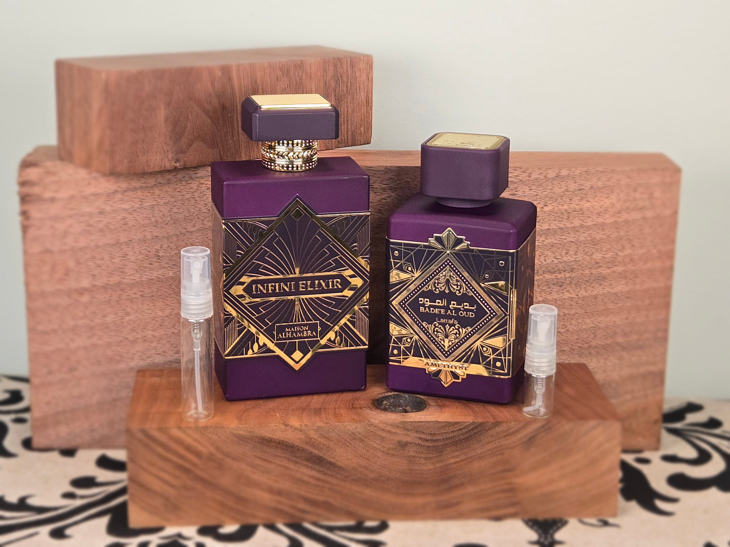 Combination of Spices, Roses and Oud - Maison Alhambra Infini Elixir and Lattafa Bade'e Al Oud Amethyst - Perfume Sample 5ml/2ml